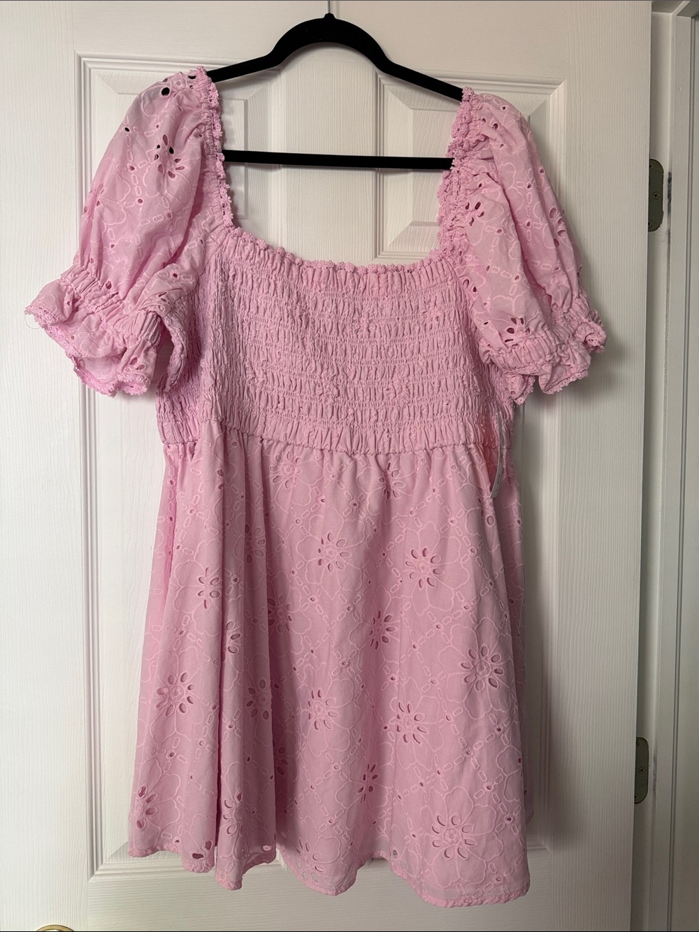ARULA Pink Eyelet Smocked Puff-Sleeve Dress